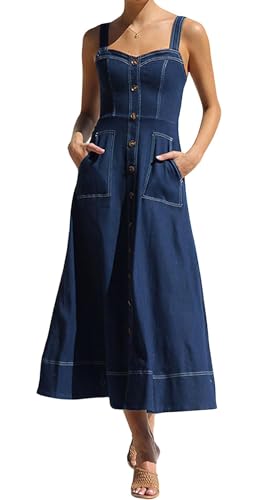 31cIUjjJjwL.jpg Women's Summer Adjustable Strap Sleeveless Midi Denim Dress Button Down A-Line Swing Flowy Jean Dress