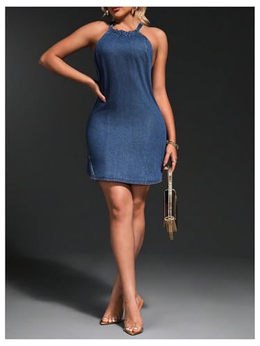 31e1ylVcHvL.jpg Women's Halter Tie Back Denim Dress Sleeveless Casual Short Dresses
