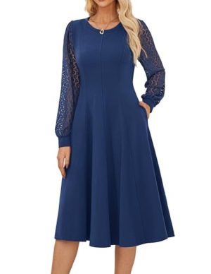 Women's 2025 Casual Long Lace Sleeve Dresses, Summer Flowy Crewneck A Line Plain Midi Dress with Pockets