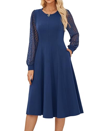 31eBzwV3mL.jpg Women's 2025 Casual Long Lace Sleeve Dresses, Summer Flowy Crewneck A Line Plain Midi Dress with Pockets