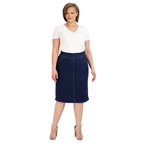 31fcocAzVHL.jpg Pull On Knit Denim Skirt for Women - Easy to Put On & Take Off Jean Skirt - Skirt w/Pockets & Comfort Waist Band