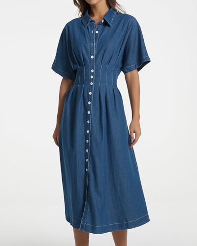 31gPVbvzCL.jpg Women's Summer Denim Shirt Dress Lapel V Neck Short Sleeve Midi Jean Dress Button Down Long Dresses