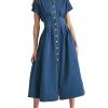 31ihndDAenL.jpg Women's Summer Denim Shirt Dress Lapel V Neck Short Sleeve Midi Jean Dress Button Down Long Dresses