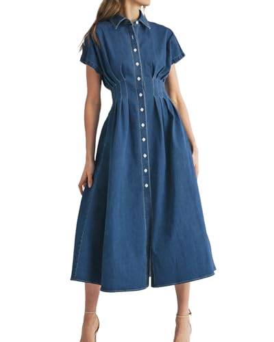 31ihndDAenL.jpg Women's Summer Denim Shirt Dress Lapel V Neck Short Sleeve Midi Jean Dress Button Down Long Dresses