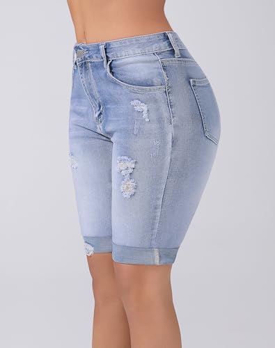 31kehlClUaL.jpg Womens Bermuda Shorts High Waisted Ripped Stretchy Cuffed Denim Shorts