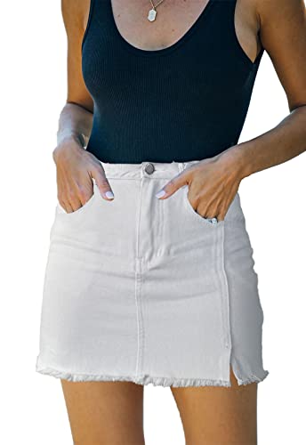 31mTzDwAeOL.jpg Women’s Denim Mini Skirt High Waist Casual Split Hem Washed Frayed A-line Jean Skirts with Pocket for Women