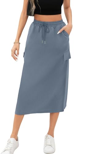 Women's Midi Cargo Skirt High Waist Drawstring Summer Slit Dressy Casual Skirts with Pockets