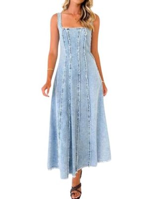 Jean Dress for Women 2025 Vintage Sleeveless Slim High Waist Frayed Raw Long Maxi Denim Dresses