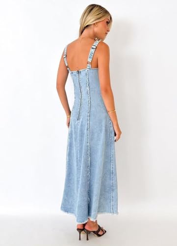 31pDaI4S6SL.jpg Jean Dress for Women 2025 Vintage Sleeveless Slim High Waist Frayed Raw Long Maxi Denim Dresses
