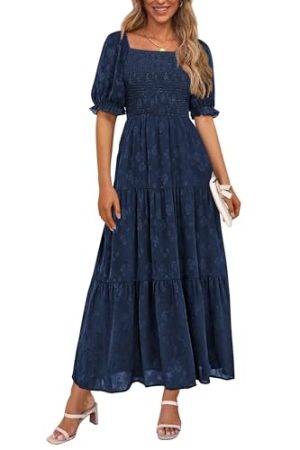 Women's 2025 Summer Casual Midi Dresses Square Neck Short Sleeve Smocked A Line Floral Flowy Elegant Boho Dress