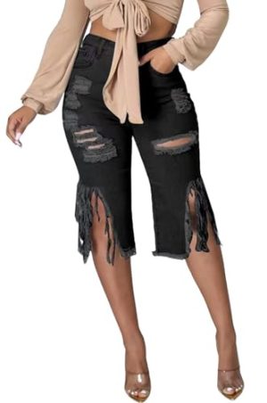 31rashnor3L.jpg Womens Ripped Jean Shorts High Waisted Stretchy Frayed Distressed Raw Hem Tassels Denim Bermuda Shorts