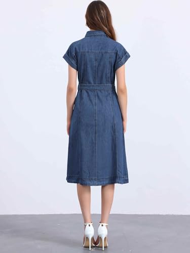 31sXMlfXeWL.jpg Denim Shirt Dress for Women's Casual Button Down Short Sleeves Belted Jean Midi Dress 2025 Trendy Outfits