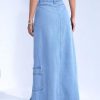 Ripped Raw Hem Flap Pocket Split Thigh Denim Skirt - Women's Loose Maxi Slit Skirt (Color : Light Wash, Size : 26)