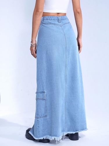 Ripped Raw Hem Flap Pocket Split Thigh Denim Skirt - Women's Loose Maxi Slit Skirt (Color : Light Wash, Size : 26)