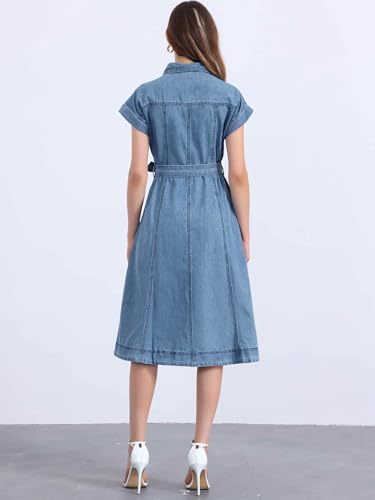 31tINeTc-SL.jpg Denim Shirt Dress for Women's Casual Button Down Short Sleeves Belted Jean Midi Dress 2025 Trendy Outfits