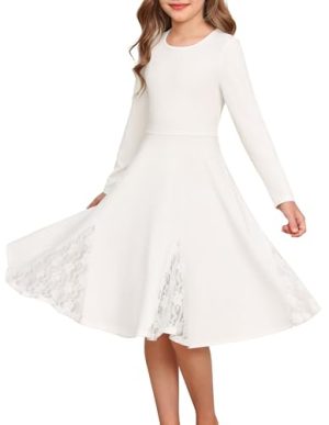 Girls Long Sleeve Dress Lace Hem Knit Fall Winter Pullover Dresses for Girls 5-12Y