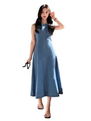 Women's Summer Casual Sleeveless Dresses Sleeveless Denim Dress With Rounded Neckline