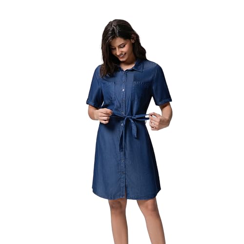 31ulMIsDHML.jpg Women's Denim Tie Waist Dress Button Down Short Sleeve Dresses Solid Casual Jean Pocket Dresses