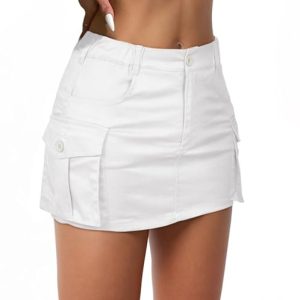 Womens Mini Cargo Skirts Y2k Denim Skirt with Pockets Low Waist Button Jean Skirts for Women