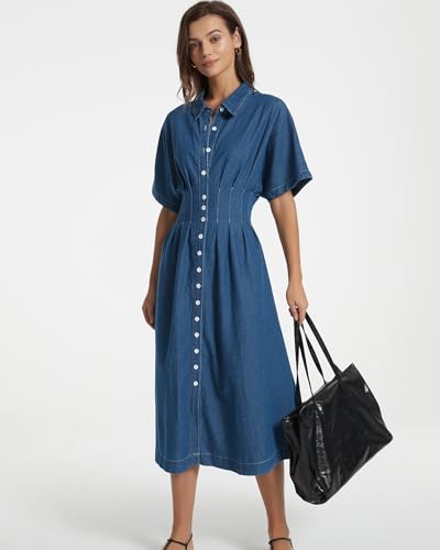 31vtPmEqCOL.jpg Women's Summer Denim Shirt Dress Lapel V Neck Short Sleeve Midi Jean Dress Button Down Long Dresses