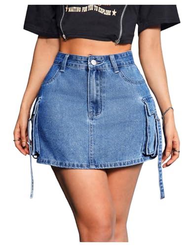 Women's Denim Skirt Button Y2k Mini Cargo Jean Skirts with Flap Pocket
