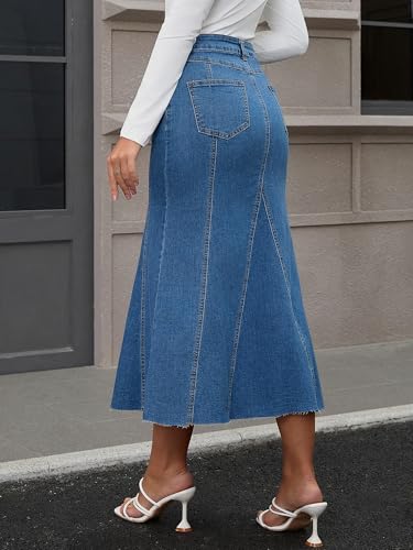 4104aL1ixzL.jpg Womens Fishtail Long Jean Skirt High Waisted Casual Stretchy Fit and Flare Midi Denim Skirts