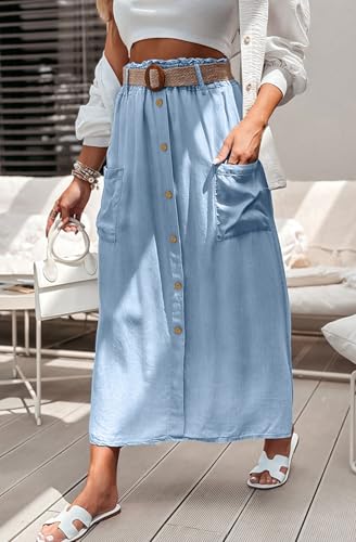 410HyWeGoKL.jpg Women Summer Elastic Waist Flowy Tencel Denim Maxi Skirt A Line Button Ruffle Cargo Long Jean Skirt Boho Lightweight