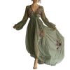 410a5WENCjL.jpg Womens Green Tulle Floral Beach Cover Up Sundresses with Belt Long Sleeves V Neck Summer Ruffle Tiered Dresses