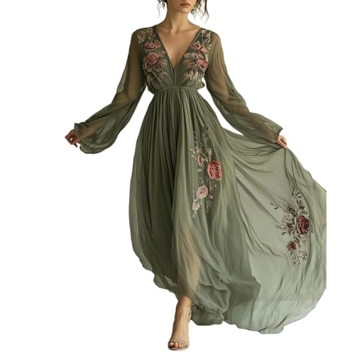 410a5WENCjL.jpg Womens Green Tulle Floral Beach Cover Up Sundresses with Belt Long Sleeves V Neck Summer Ruffle Tiered Dresses