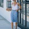 Women's Casual Mid Rise Button Down Frayed Raw Hem Denim Jean Midi Skirt