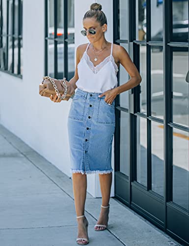Women's Casual Mid Rise Button Down Frayed Raw Hem Denim Jean Midi Skirt