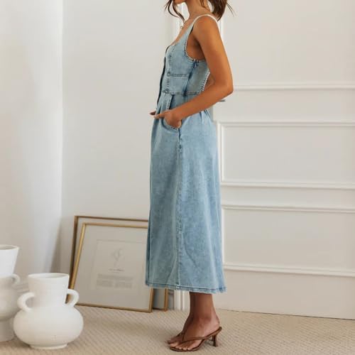 411gtEIeRcL.jpg Women's Summer Casual Button Down Denim Dress Sleeveless Slim Fit Midi A-Line Jean Dress