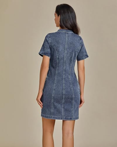 411kv7wHYLL.jpg Denim Dresses for Women Summer Casual Zip Up Short Sleeve Western Short Stretchy Jean Dress with Pockets