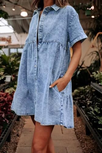 411lPiFkl2L.jpg Women's Denim Dress for Women Blue Jean Dress 2025 Trendy Summer Short Sleeve Denim Dresses with Pockets