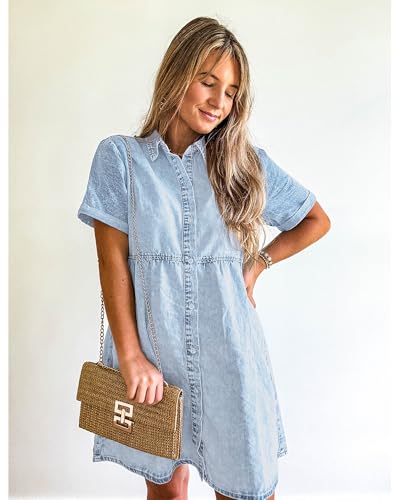 412MPhM7HL.jpg Denim Dress for Women Babydoll Tiered Short Sleeve Button Down Jean Shirt Dresses