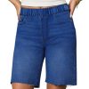 412thSr66yL.jpg Women's Raw Hem Denim Bermuda Shorts Mid Rise Long Jorts Baggy Pull On Strechy Jeans Shorts with Elastic Waist