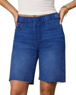 Women's Raw Hem Denim Bermuda Shorts Mid Rise Long Jorts Baggy Pull On Strechy Jeans Shorts with Elastic Waist