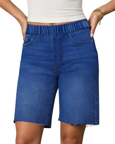 412thSr66yL.jpg Women's Raw Hem Denim Bermuda Shorts Mid Rise Long Jorts Baggy Pull On Strechy Jeans Shorts with Elastic Waist