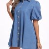 413G0OJNe2L.jpg Denim Dress for Women, Puff Short Sleeve Jean Dress Mini Denim Romper with Pockets