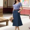 413NuhhWXbL.jpg Women's Denim Skirts Vintage Elastic High Waist A-Line Long Maxi Jean Skirts with Pockets