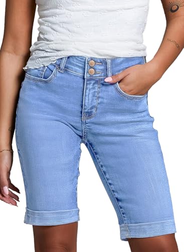 Women's Jean Shorts High Waisted Stretchy Bermuda Folded Hem Denim Summer Shorts