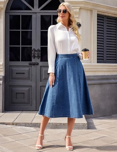 414BzoxRNfL.jpg SDEER Women's Denim A Line Skirt Casual Stretch High Waist Flared Midi Jean Skirts