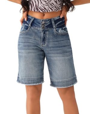 414GYJiVI0L.jpg Women's Stretchy Wide Leg High Waisted Frayed Hem Long Jean Shorts