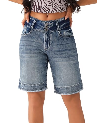 414GYJiVI0L.jpg Women's Stretchy Wide Leg High Waisted Frayed Hem Long Jean Shorts