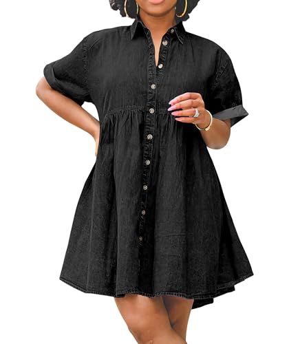 414NQnGSb6L.jpg Womens Denim Babydoll Dresses Summer Outfits Button Down Ruffle Tiered Jean Dress