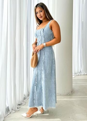 414PKInGOxL.jpg Jean Dress for Women 2025 Vintage Sleeveless Slim High Waist Frayed Raw Long Maxi Denim Dresses