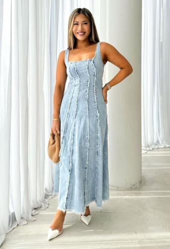 414pg8DnVJL.jpg Jean Dress for Women 2025 Vintage Sleeveless Slim High Waist Frayed Raw Long Maxi Denim Dresses