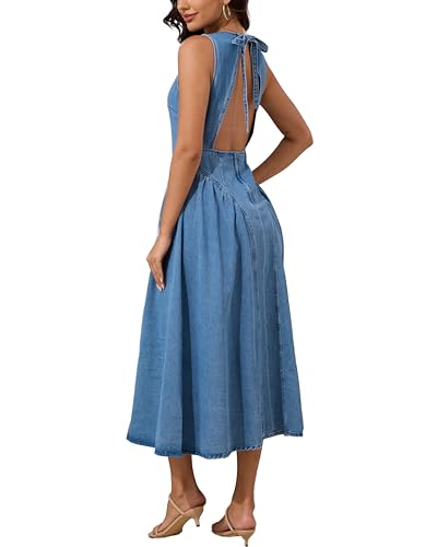 415ByzNrdCL.jpg Women's Sleeveless Backless Denim Maxi Dress Casual A Line Cut Out Long Flowy Jean Tank Dress