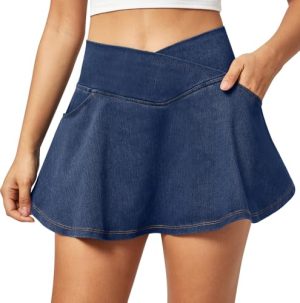 Stretchy Denim Skort V-Waist Jean Skort with Pockets High Waisted Mini Jean Skirt with Shorts Underneath