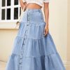 Women Western Elastic High Waisted A Line Long Denim Skirt Button Ruffle Tiered Jean Maxi Skirt Patchwork Pocket Y2k